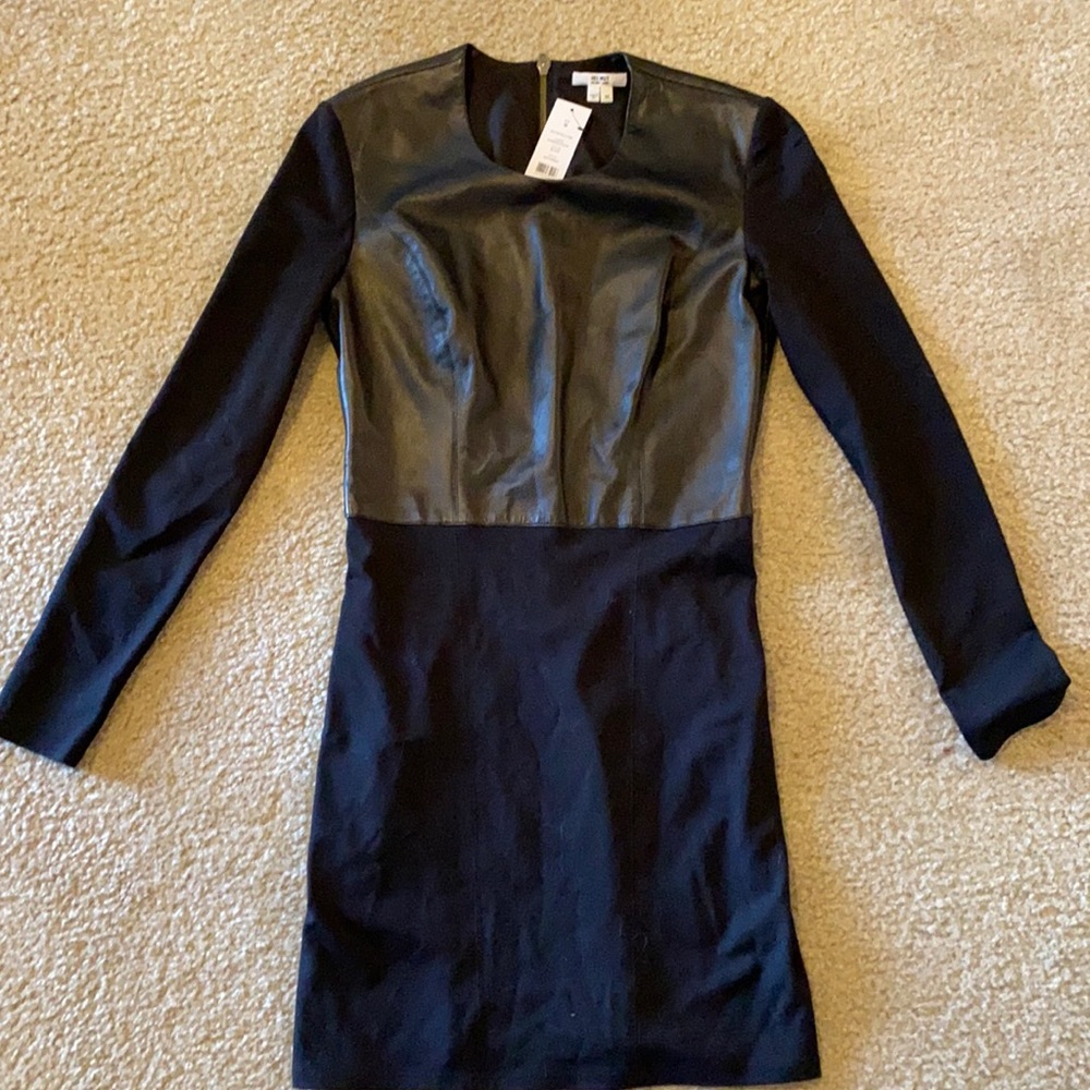 NWT HELMUT LANG Black Hammer Ponte Lamb Leather Jersey Dress